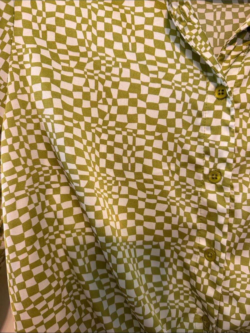 Maison D’Amelie Tie-Front Checker 70s Vibe Button-Down Shirt - Olive Green Size - Picture 11 of 14